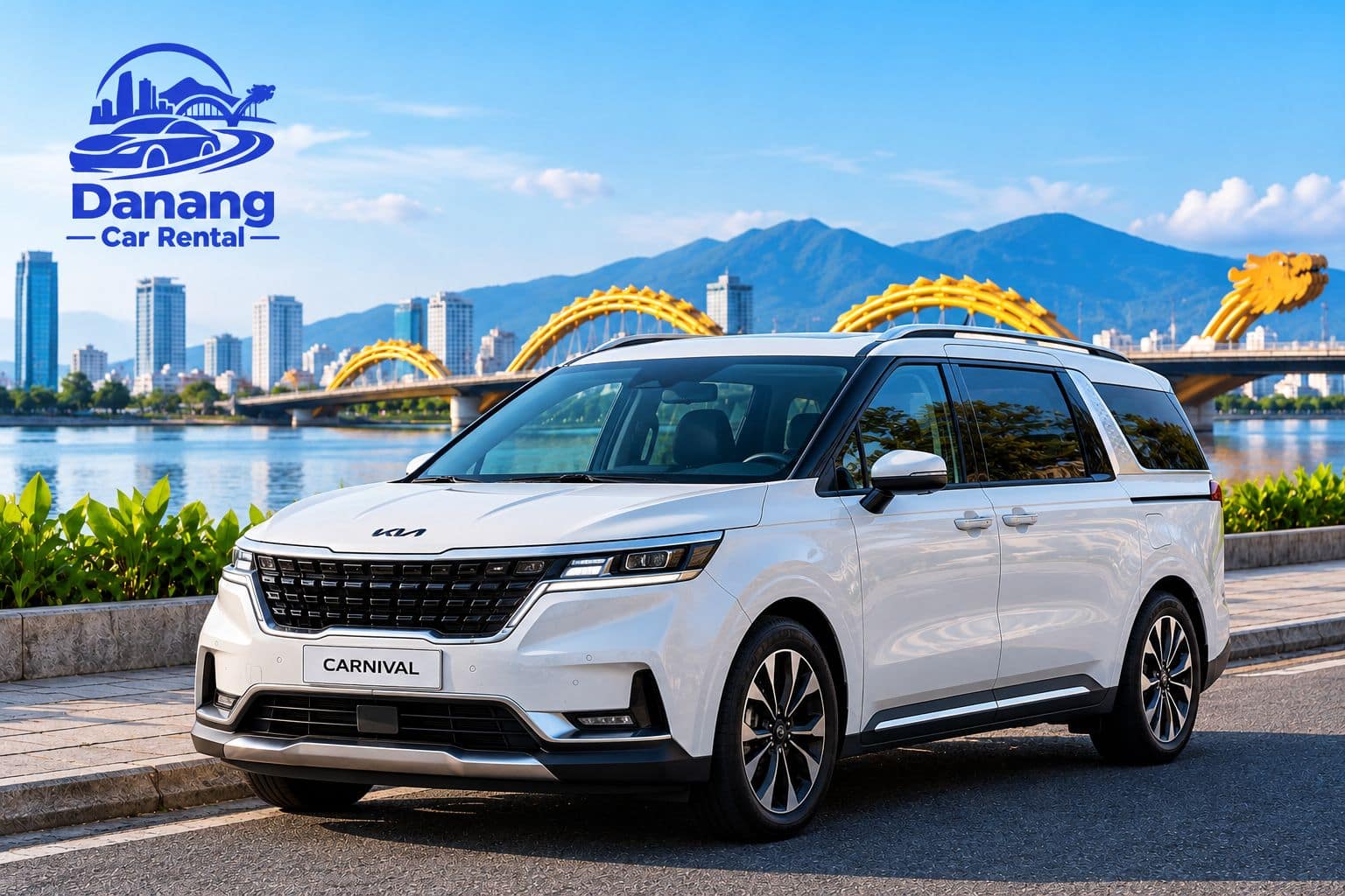 White Kia Carnival 7-seater family rental car parked near Dragon Bridge in Da Nang, Vietnam.