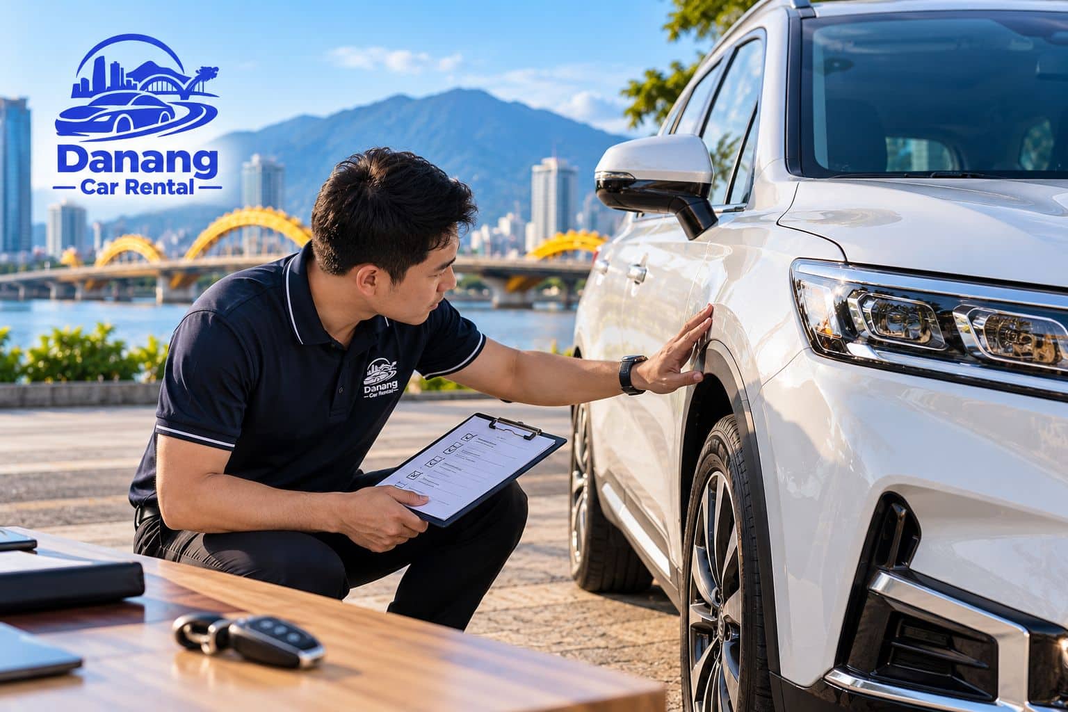 Man inspecting a white rental SUV and checking its condition with a checklist before pickup in Da Nang.