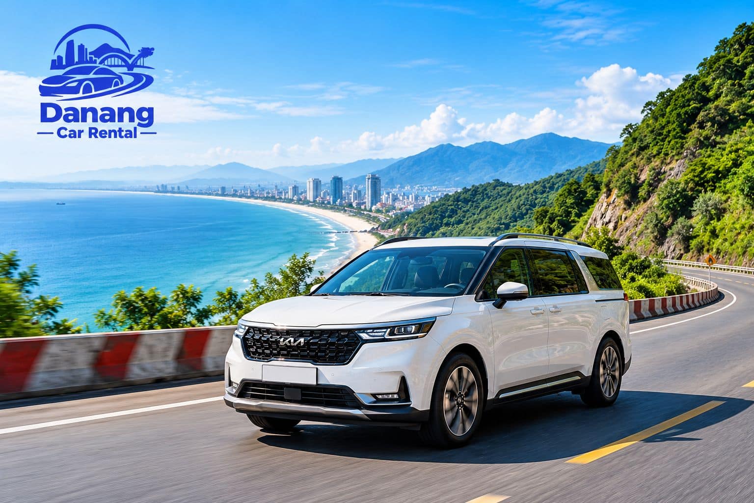 White SUV traveling along a scenic coastal mountain road near Da Nang with ocean views