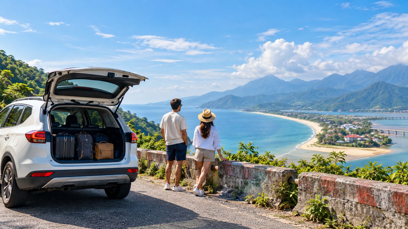 Self-drive rental car parked at a coastal mountain viewpoint near Da Nang, Vietnam